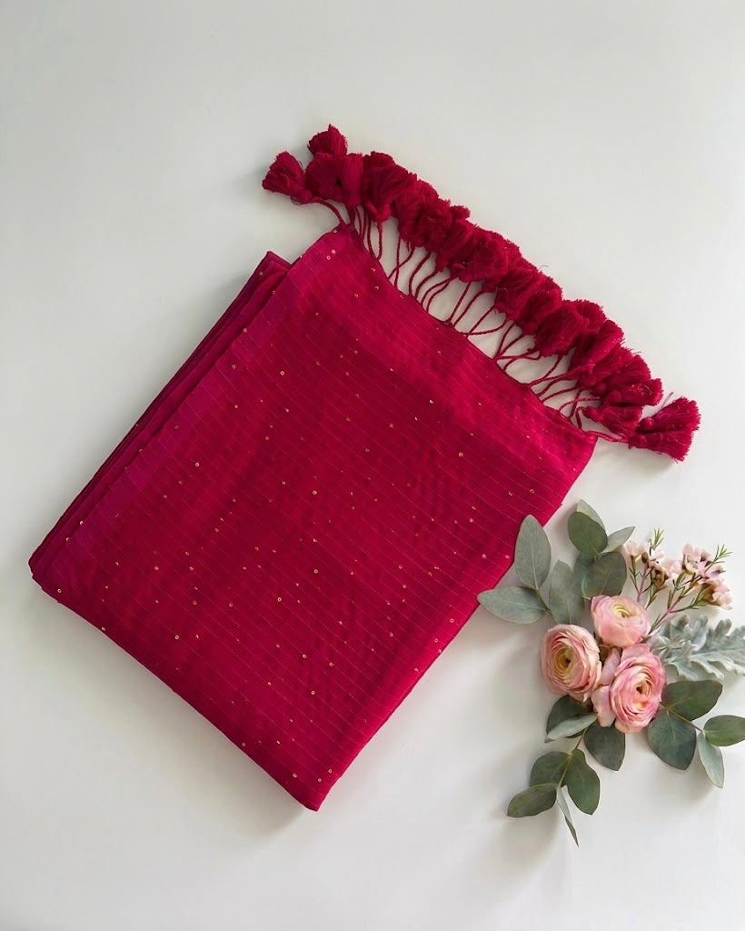 Pure Handloom Mul Cotton 120 Count Rani Pink Sequence Saree