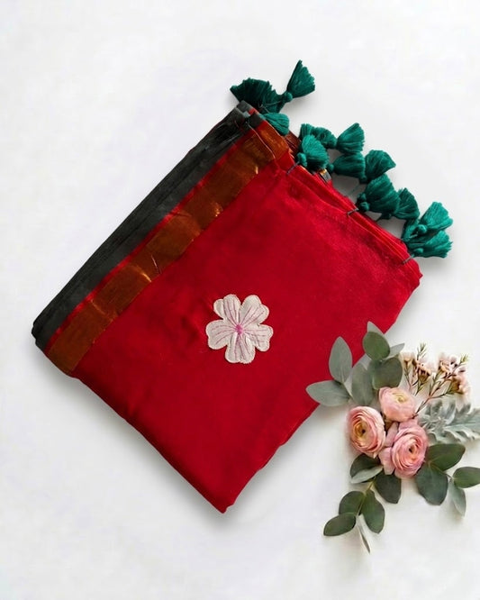 Pure Handloom Mul Cotton 120 Count Red Saree with Floral Applique Work