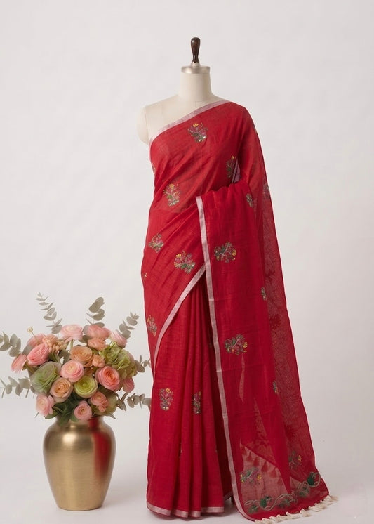 Pure Handloom Mul Cotton 120 Count Red Saree with Floral Embroidery