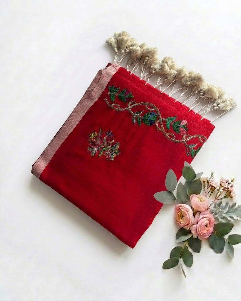Pure Handloom Mul Cotton 120 Count Red Saree with Floral Embroidery