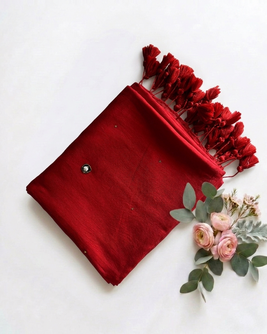 Pure Handloom Mul Cotton 120 count Red Saree with Stone Work