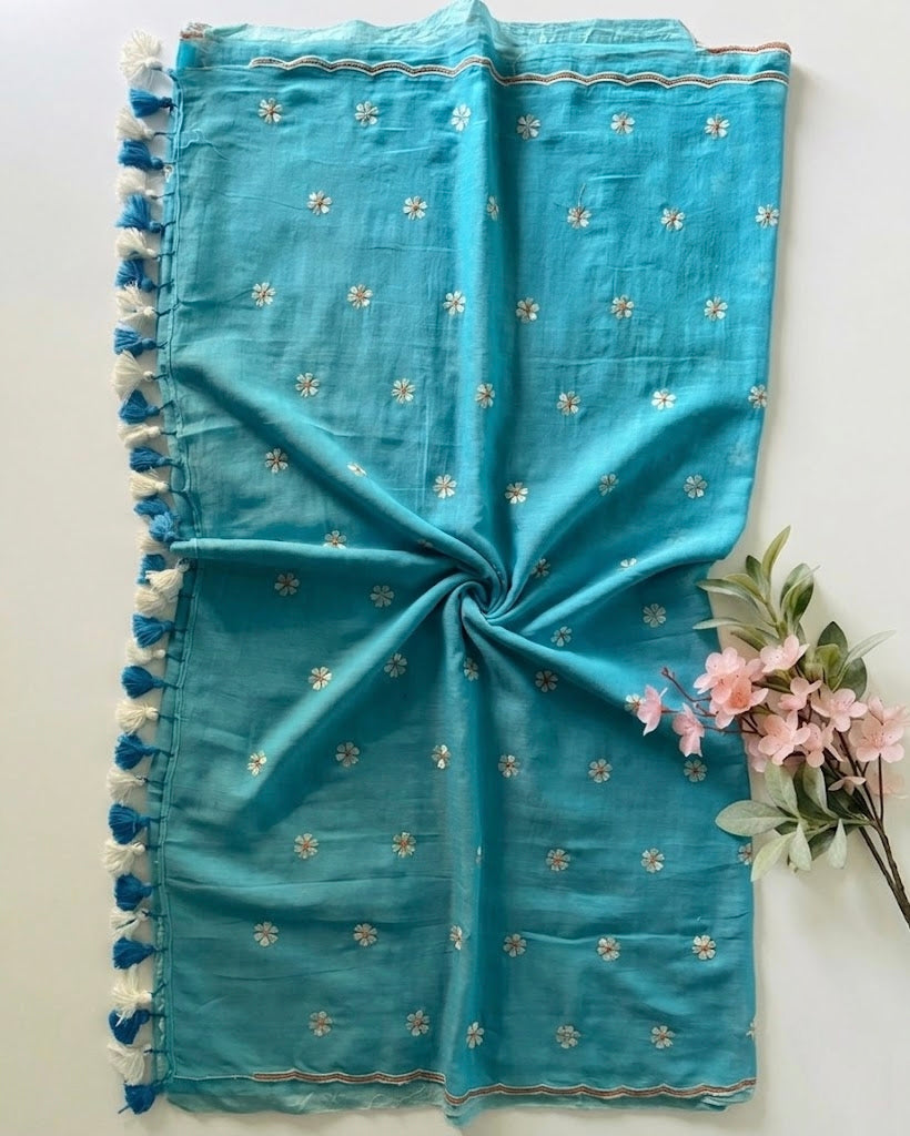 Pure Handloom Mul Cotton 120 Count Sky Blue Saree with Flower Embroidery and Cut Borders