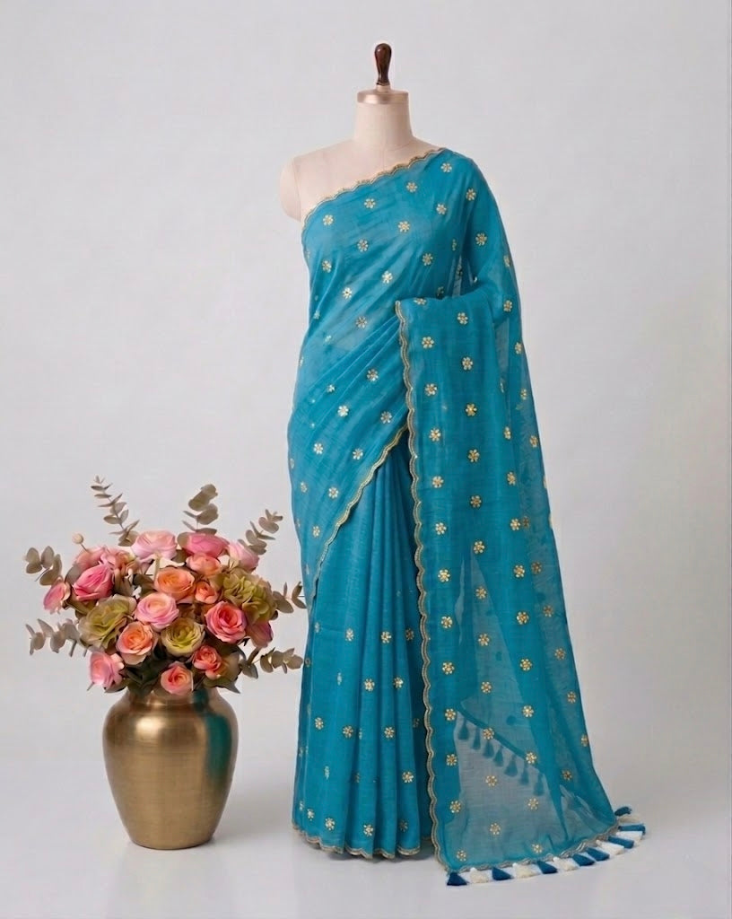 Pure Handloom Mul Cotton 120 Count Sky Blue Saree with Flower Embroidery and Cut Borders