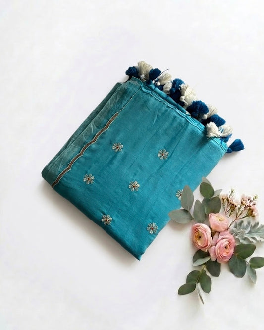 Pure Handloom Mul Cotton 120 Count Sky Blue Saree with Flower Embroidery and Cut Borders