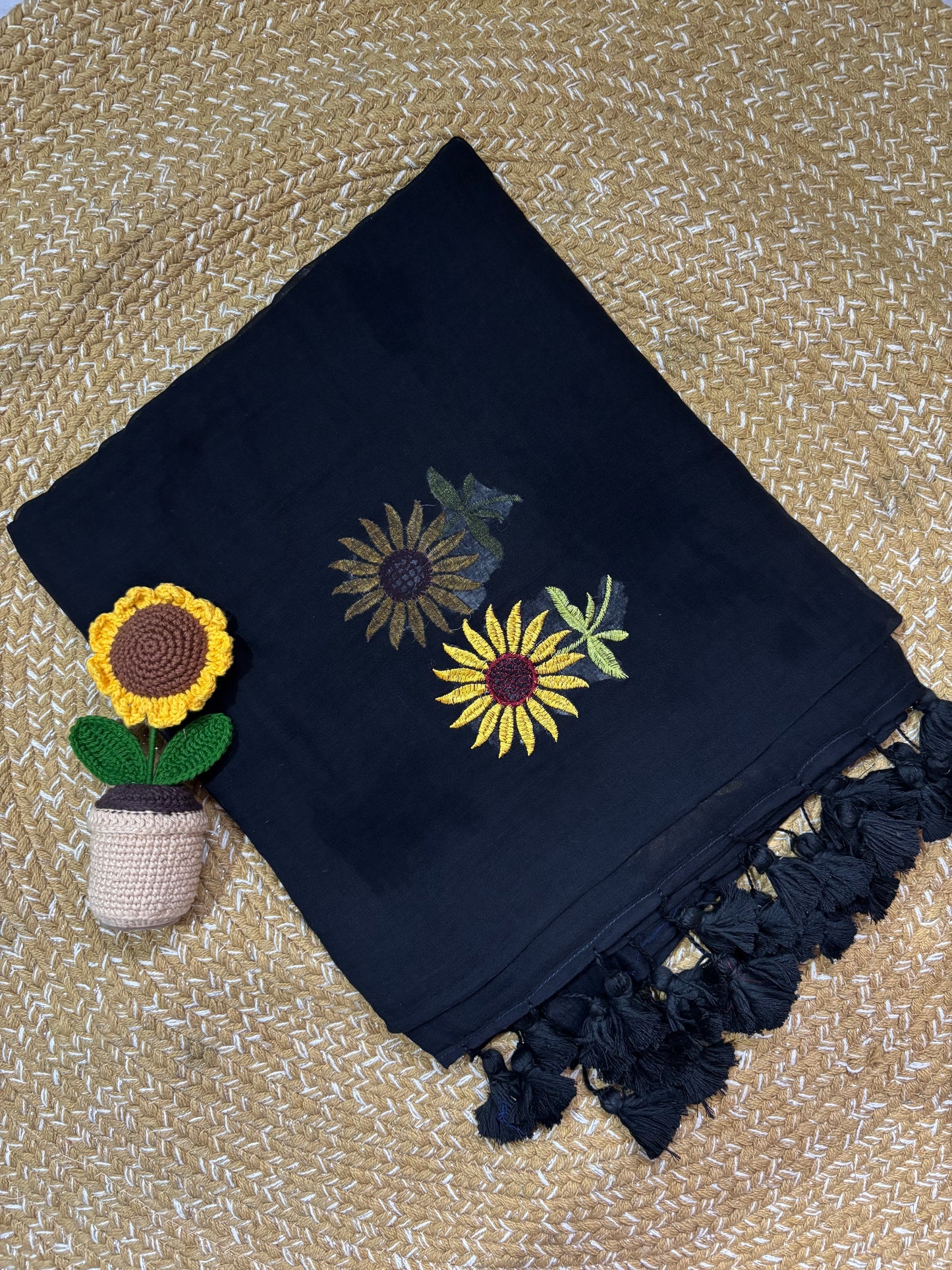 Black Handloom Mul Cotton Saree | Sunflower Embroidery