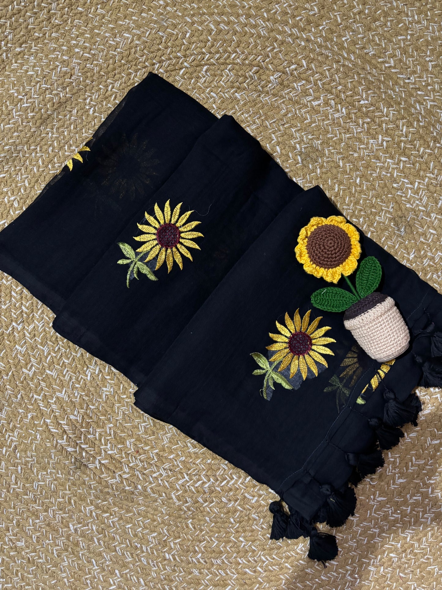 Black Handloom Mul Cotton Saree | Sunflower Embroidery