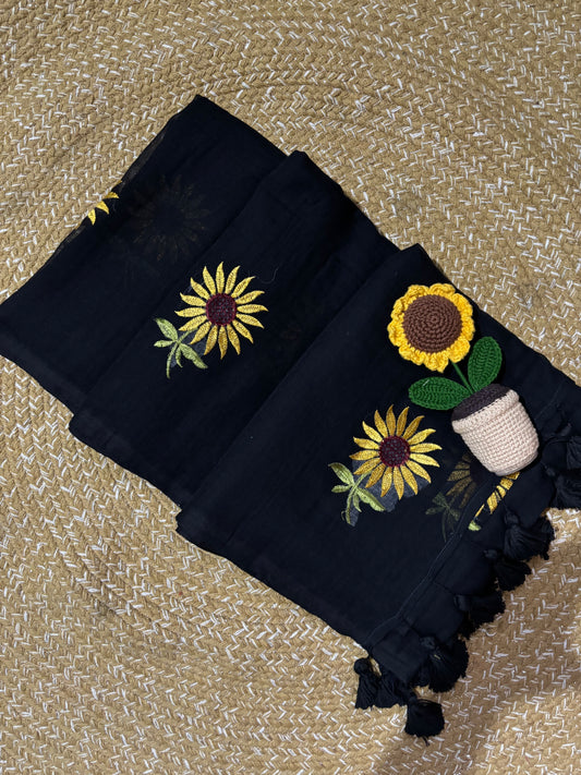 Black Handloom Mul Cotton Saree | Sunflower Embroidery