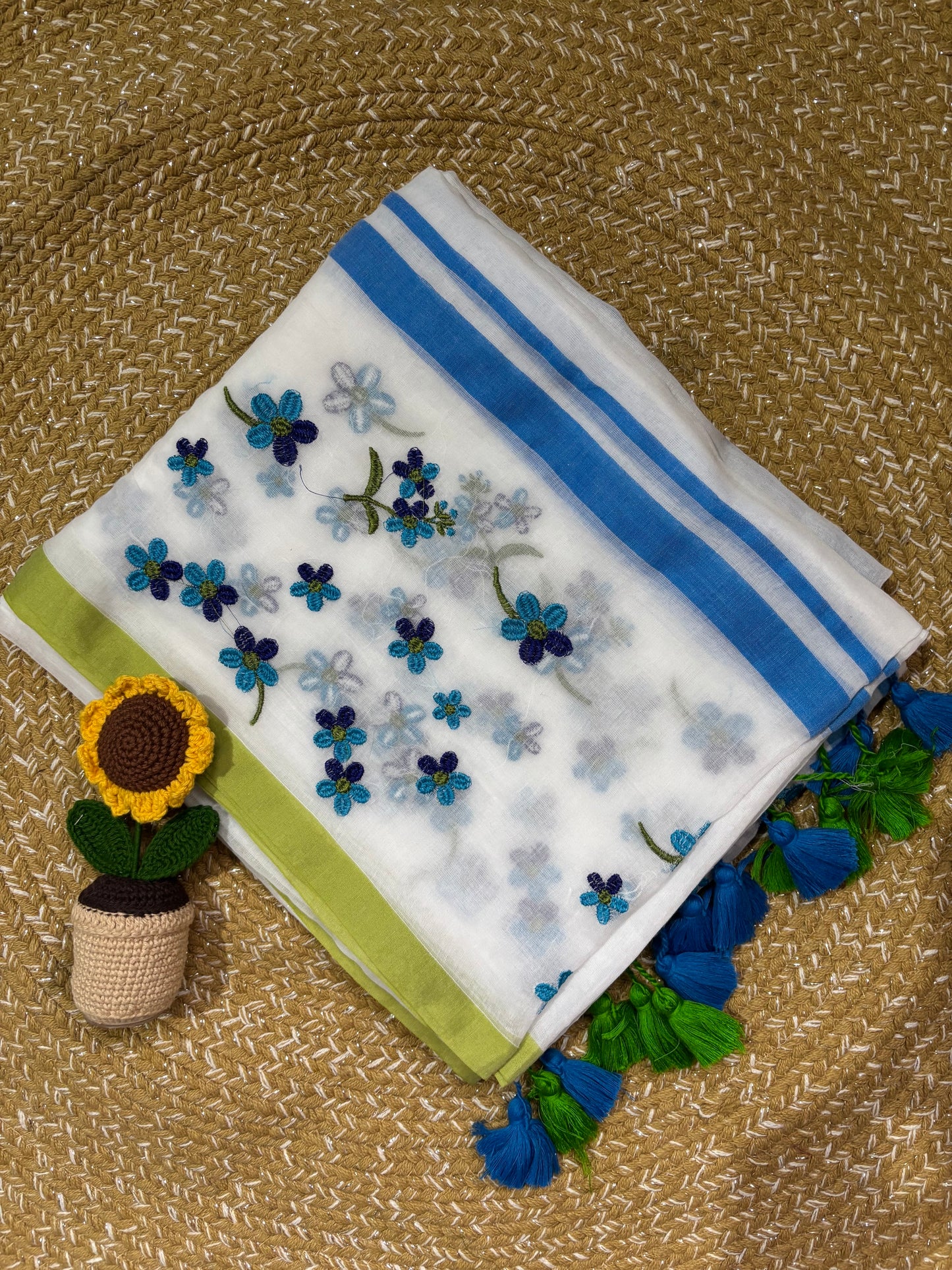 White 120 Count Handloom Mul Cotton Saree | Blue Floral Embroidery