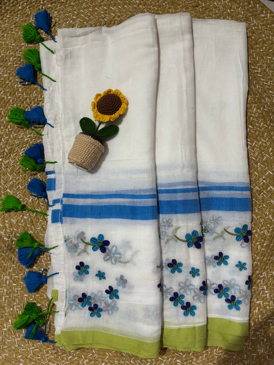 White 120 Count Handloom Mul Cotton Saree | Blue Floral Embroidery