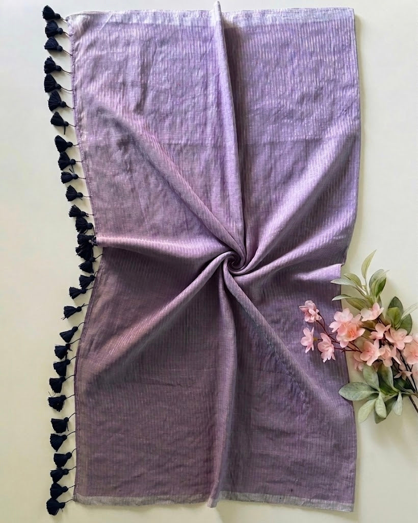 Pure Handloom Lavender Mul Cotton 120 Count Saree with Gold Zari Stripes & Tassel Pallu