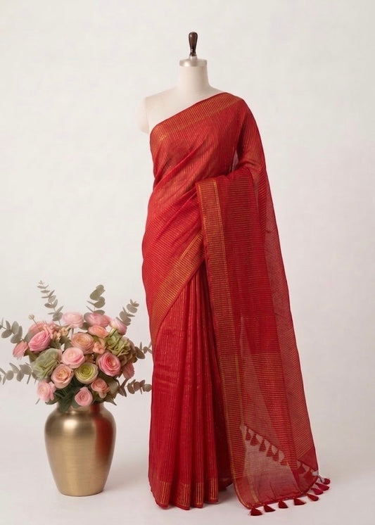 Pure Handloom Red Mul Cotton 120 Count Saree with Gold Zari Stripes & Tassel Pallu