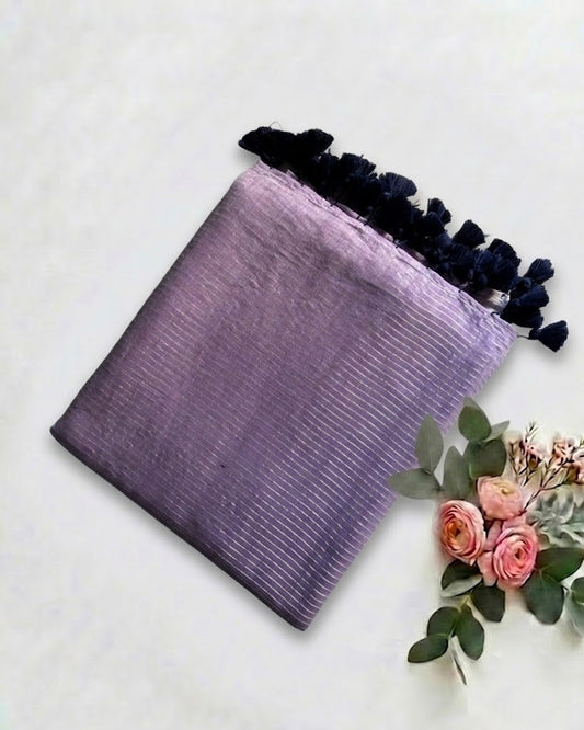 Pure Handloom Lavender Mul Cotton 120 Count Saree with Gold Zari Stripes & Tassel Pallu