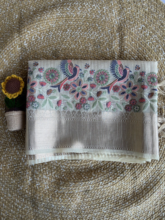 Beige Linen Tissue Saree with Floral & Bird Embroidery