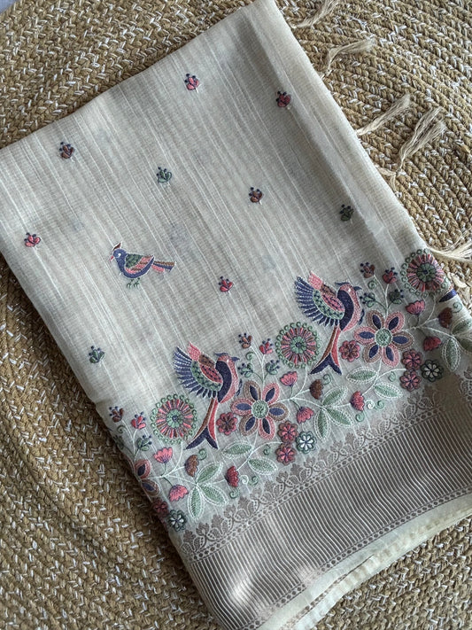 Beige Linen Tissue Saree with Floral & Bird Embroidery