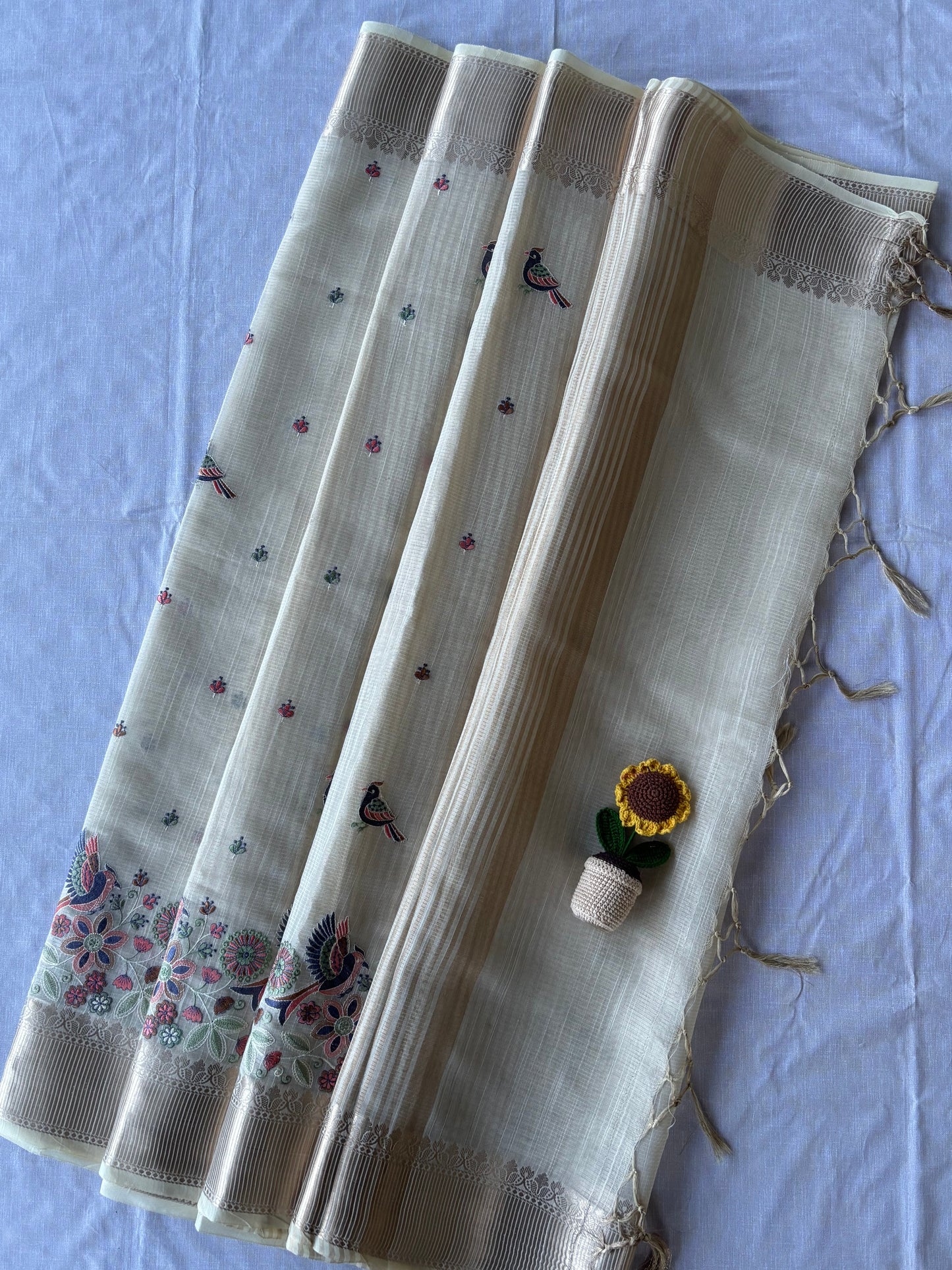 Beige Linen Tissue Saree with Floral & Bird Embroidery