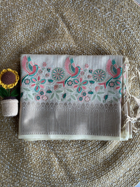 Beige Linen Tissue Saree with Floral & Bird Embroidery