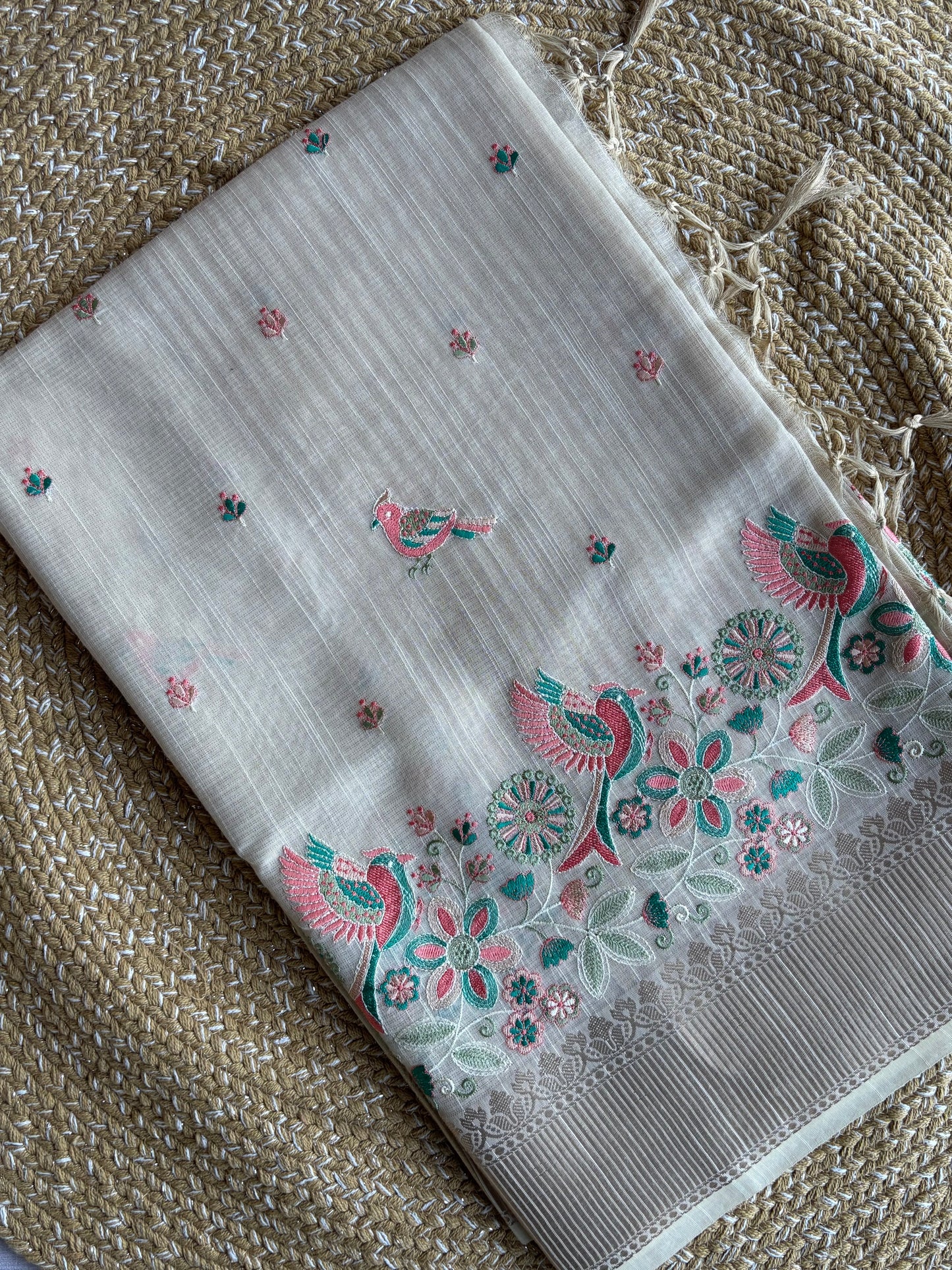 Beige Linen Tissue Saree with Floral & Bird Embroidery