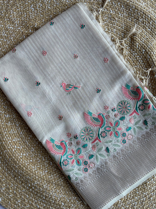 Beige Linen Tissue Saree with Floral & Bird Embroidery
