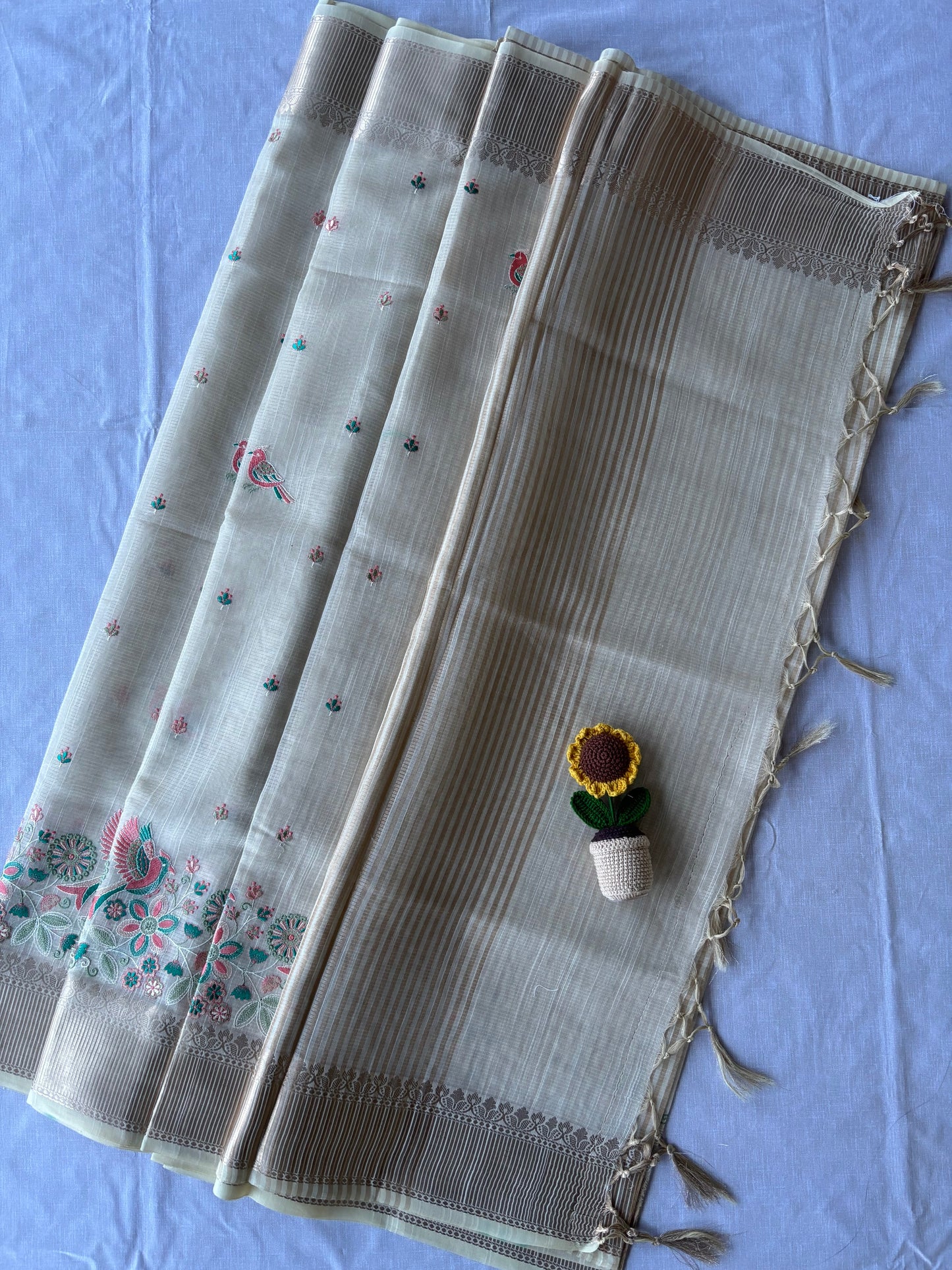 Beige Linen Tissue Saree with Floral & Bird Embroidery