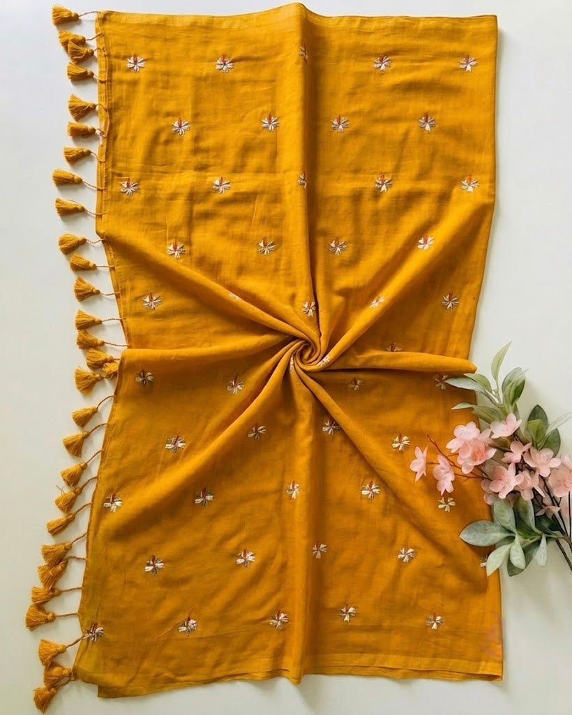 Pure Handloom Mustard Yellow Mul Cotton 120 Count Saree with Delicate Floral Embroidery