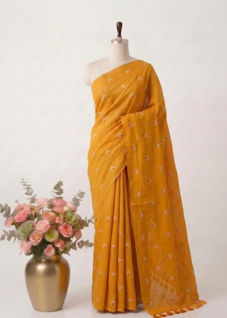 Pure Handloom Mustard Yellow Mul Cotton 120 Count Saree with Delicate Floral Embroidery