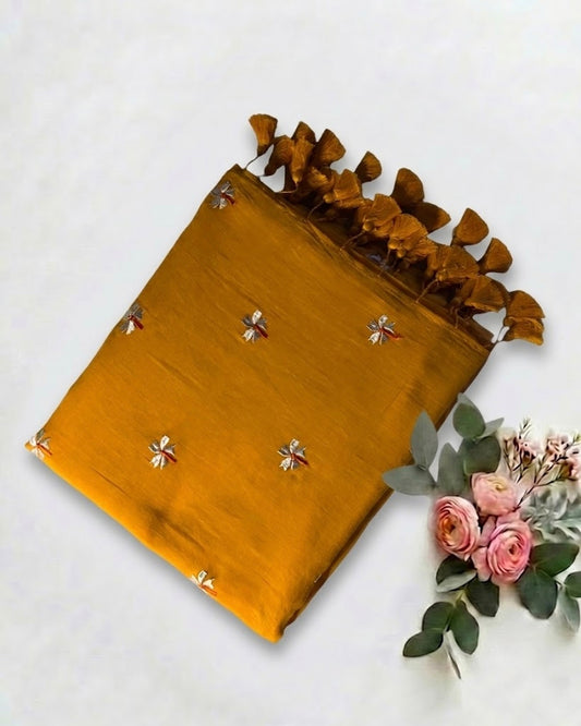Pure Handloom Mustard Yellow Mul Cotton 120 Count Saree with Delicate Floral Embroidery