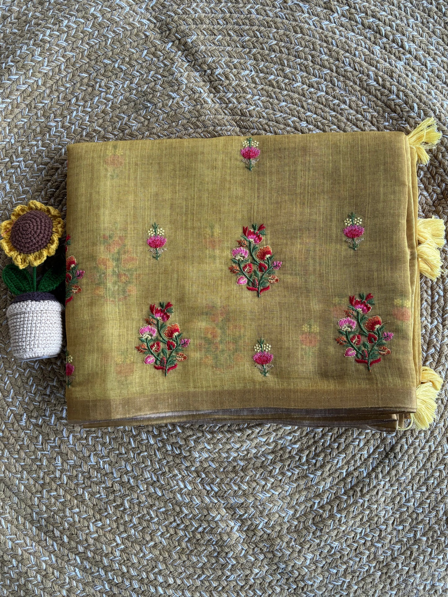 Mustard Yellow Linen Saree with Floral Thread Embroidery & Tassels
