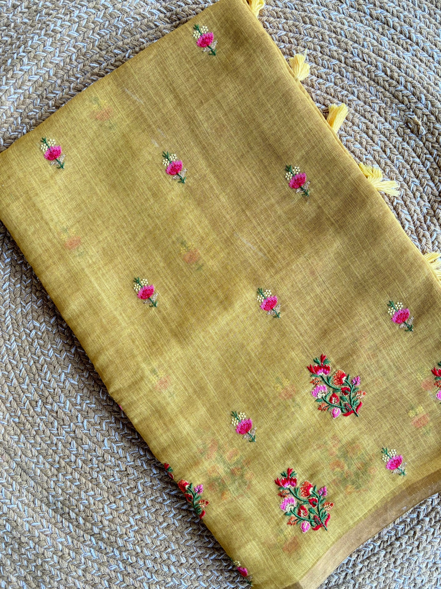 Mustard Yellow Linen Saree with Floral Thread Embroidery & Tassels