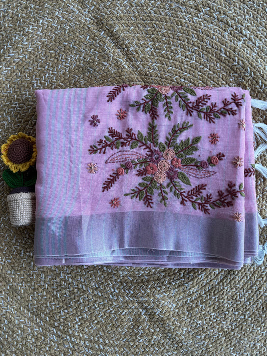 Pink Hand Embroidered Kantha Work Linen Saree with Silver Zari Border