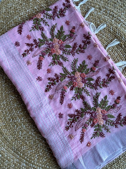 Pink Hand Embroidered Kantha Work Linen Saree with Silver Zari Border