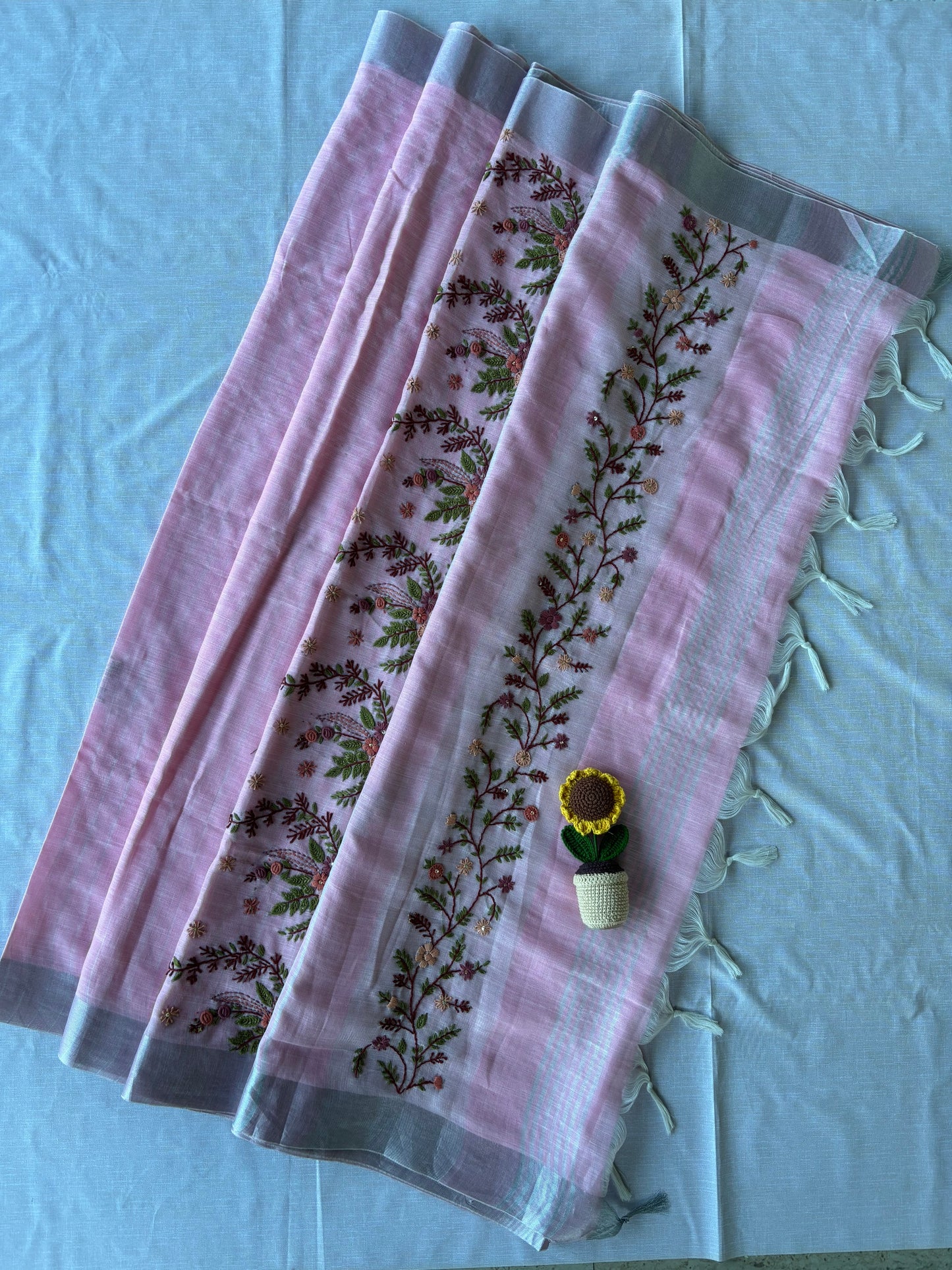 Pink Hand Embroidered Kantha Work Linen Saree with Silver Zari Border