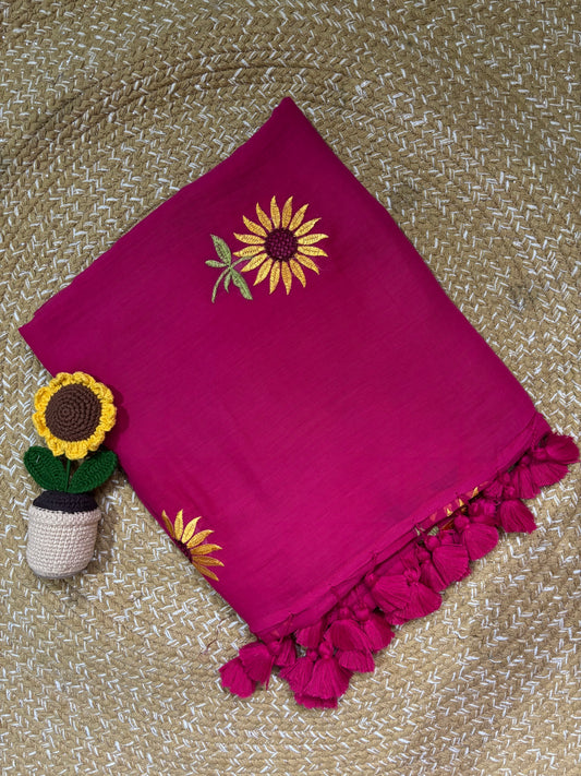 Pink Handloom Mul Cotton Saree | Sunflower Embroidery