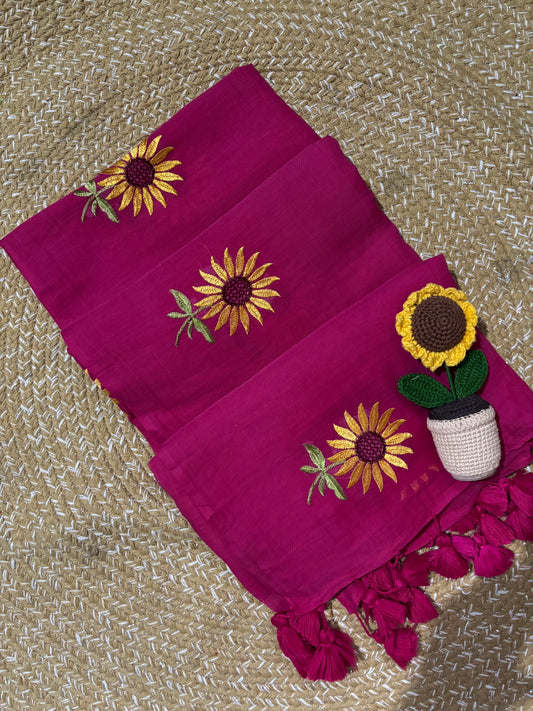 Pink Handloom Mul Cotton Saree | Sunflower Embroidery