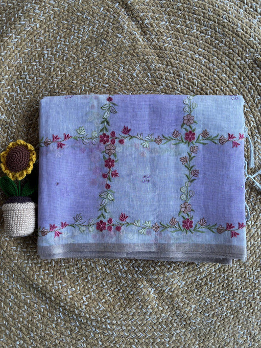 Pink Checkered Linen Tissue Saree with Woven Floral Motif