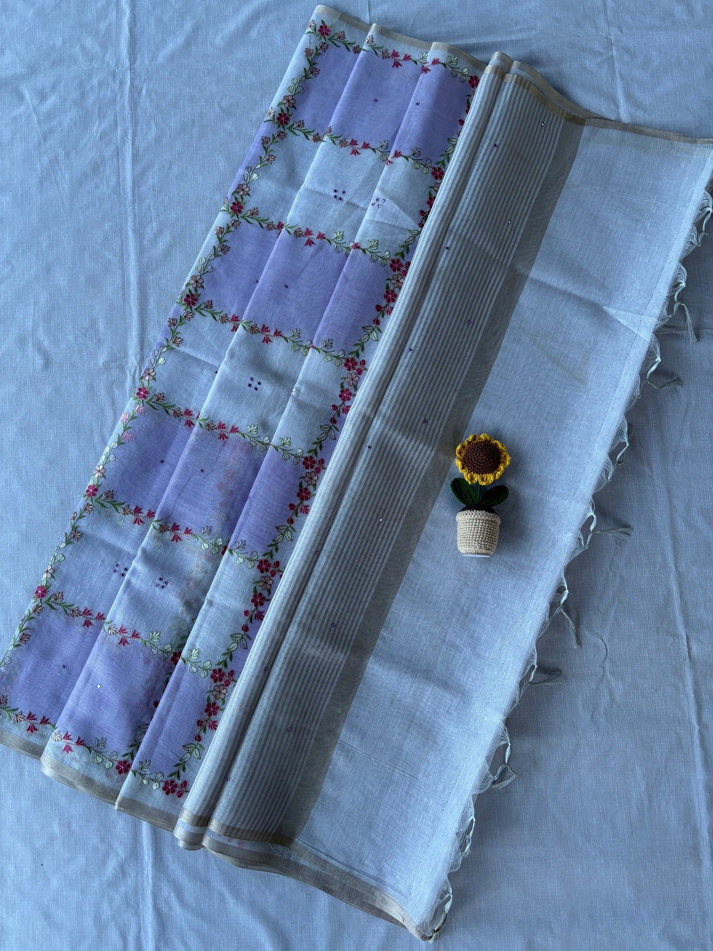Pink Checkered Linen Tissue Saree with Woven Floral Motif