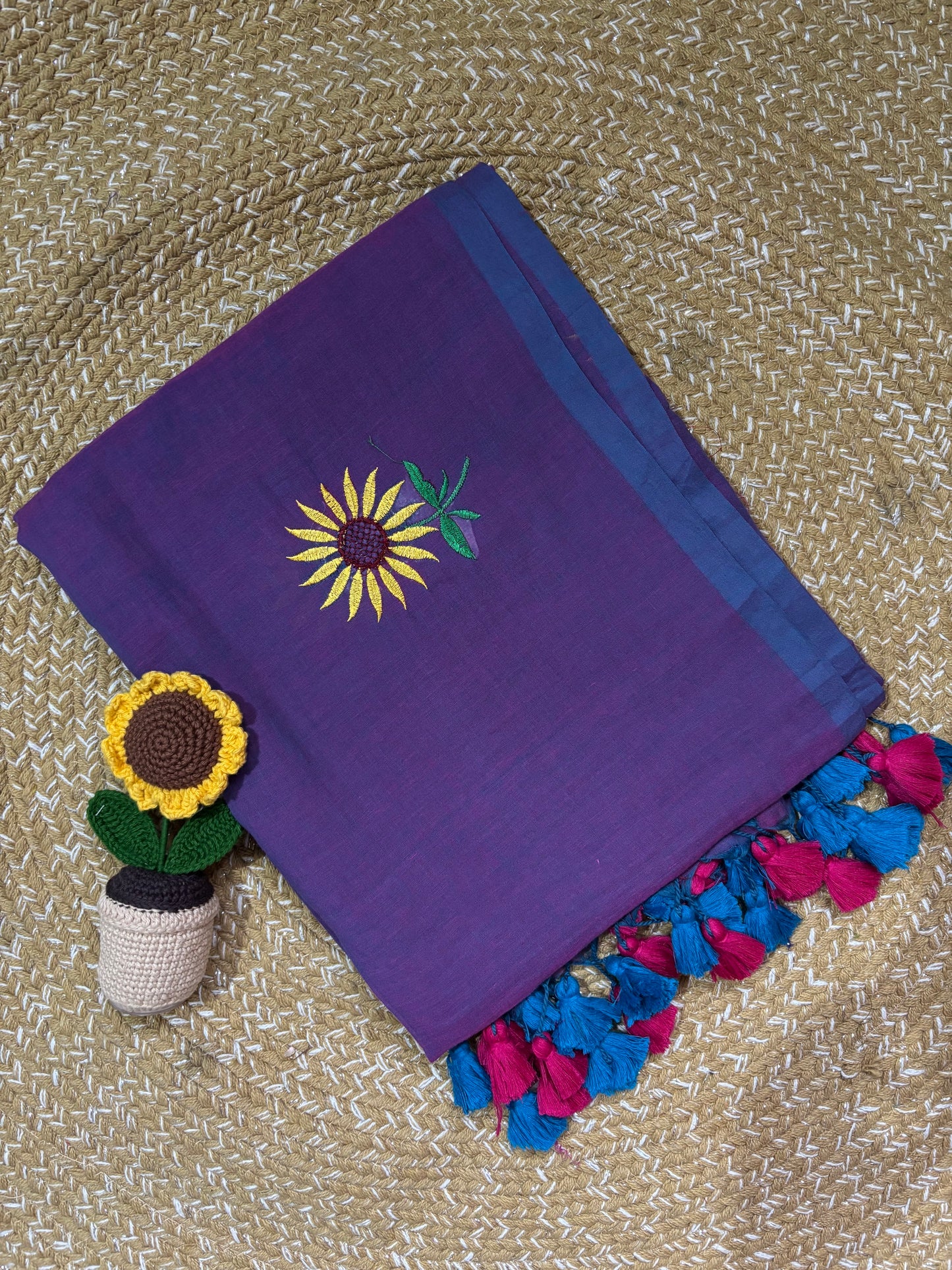 Purple Handloom Mul Cotton Saree | Sunflower Embroidery