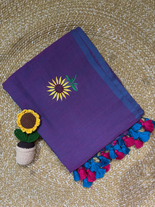 Purple Handloom Mul Cotton Saree | Sunflower Embroidery