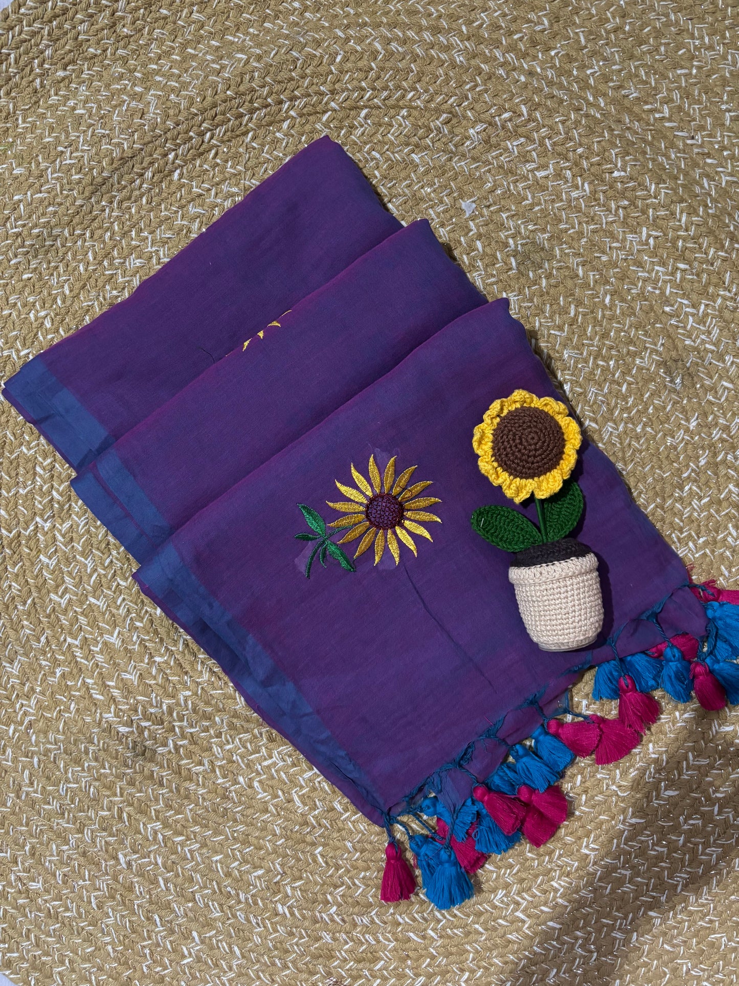 Purple Handloom Mul Cotton Saree | Sunflower Embroidery