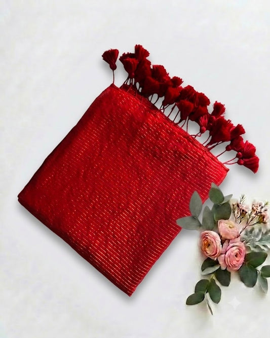 Pure Handloom Red Mul Cotton 120 Count Saree with Gold Zari Stripes & Tassel Pallu