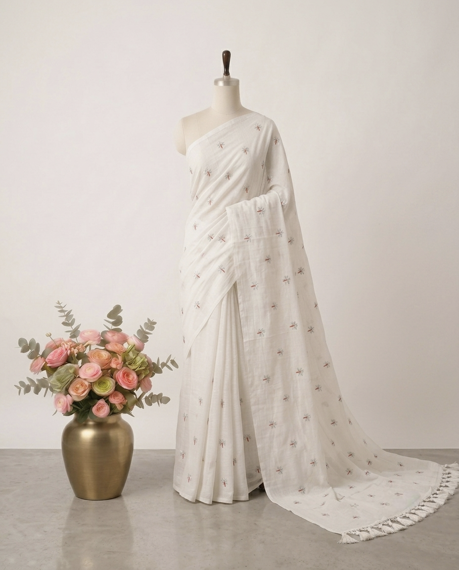 Pure Handloom White Mul Cotton 120 Count Saree with Delicate Floral Embroidery