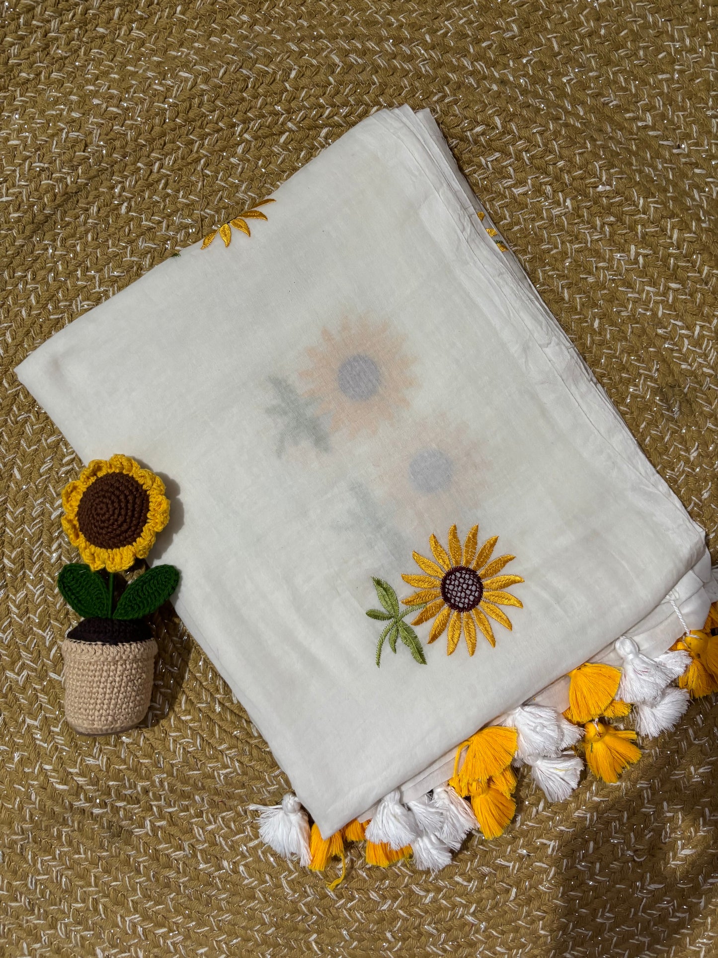 White Handloom Mul Cotton Saree | Sunflower Embroidery