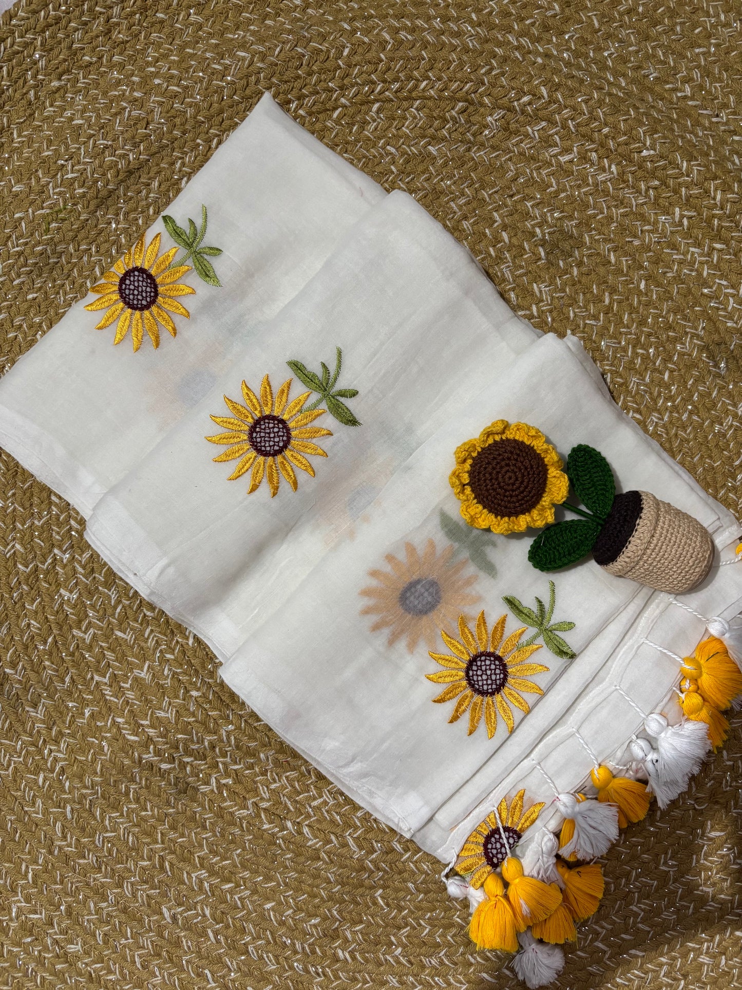 White Handloom Mul Cotton Saree | Sunflower Embroidery