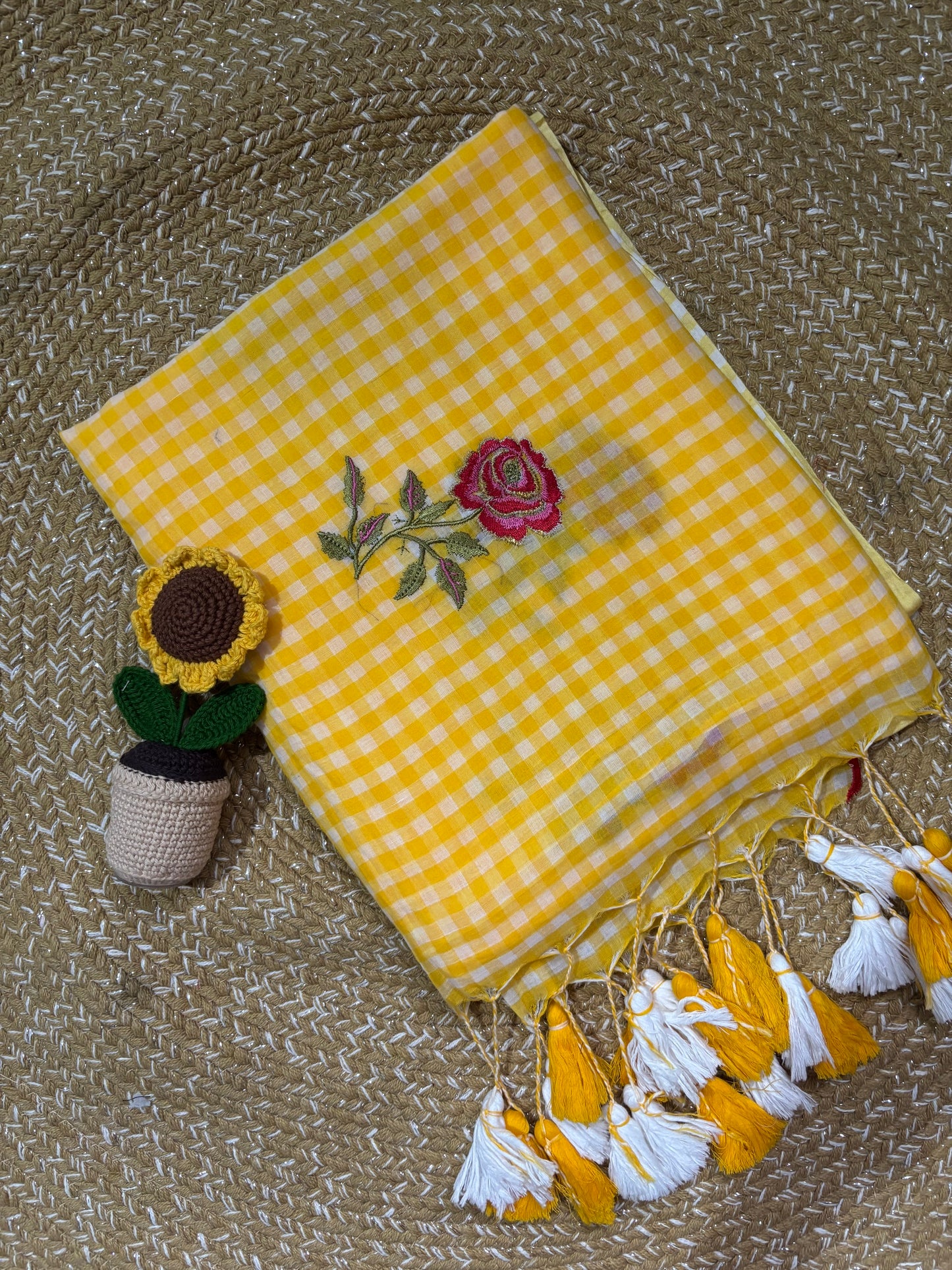 Yellow Check Handloom Mul Cotton Saree | Rose Embroidery