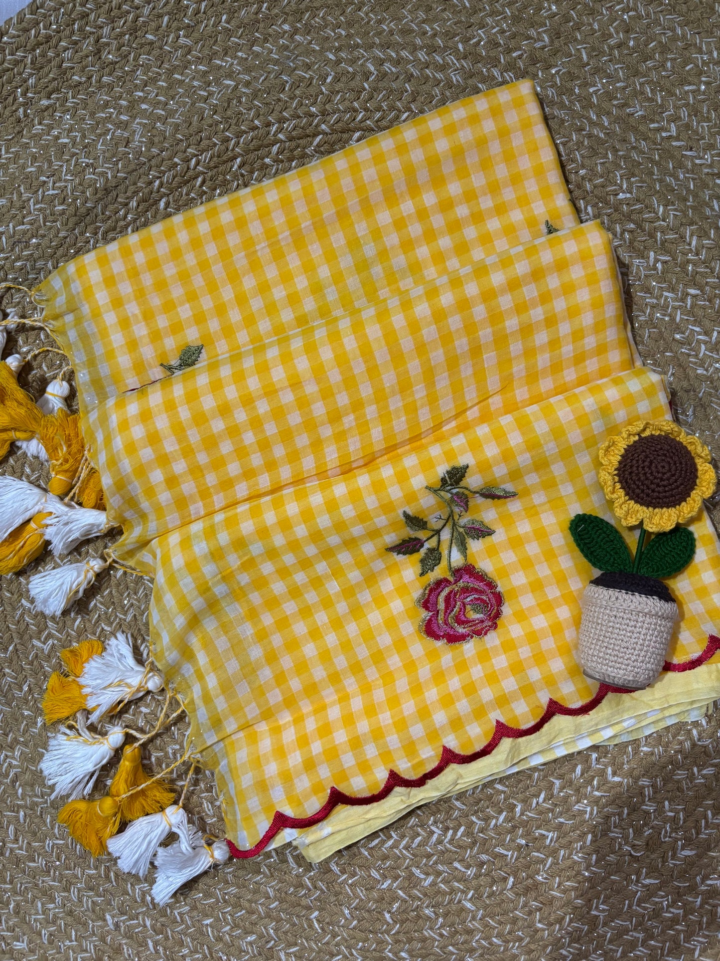 Yellow Check Handloom Mul Cotton Saree | Rose Embroidery
