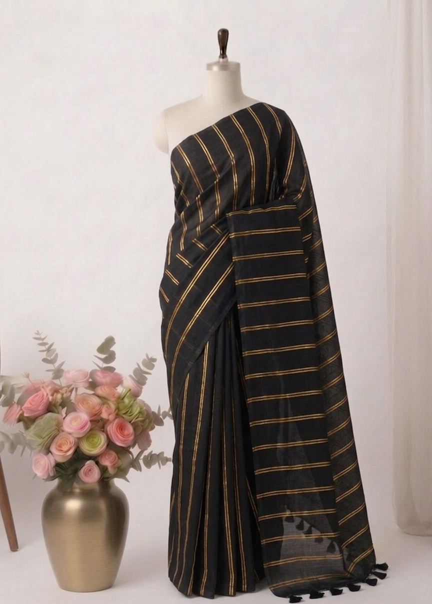 Pure Handloom Black Mul Cotton 120 Count Saree with Gold Zari Stripes