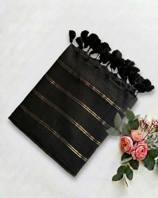 Pure Handloom Black Mul Cotton 120 Count Saree with Gold Zari Stripes