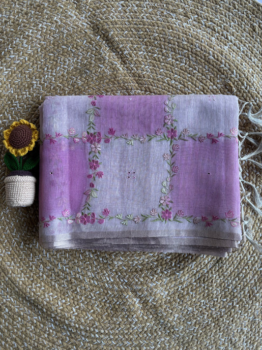 Pink Checkered Linen Tissue Saree with Woven Floral Motif
