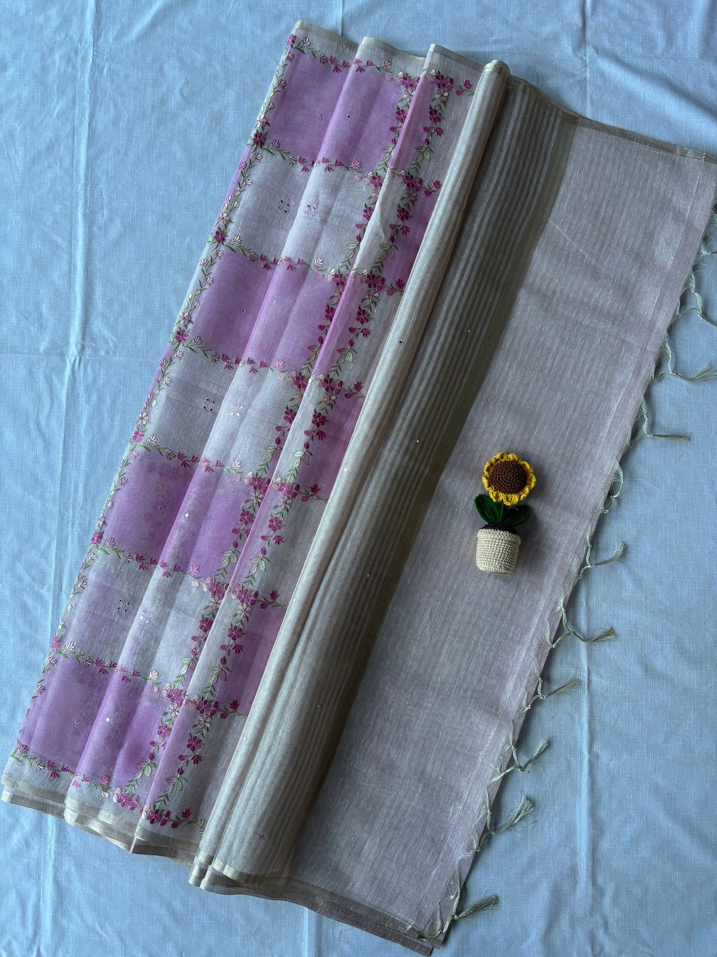 Pink Checkered Linen Tissue Saree with Woven Floral Motif