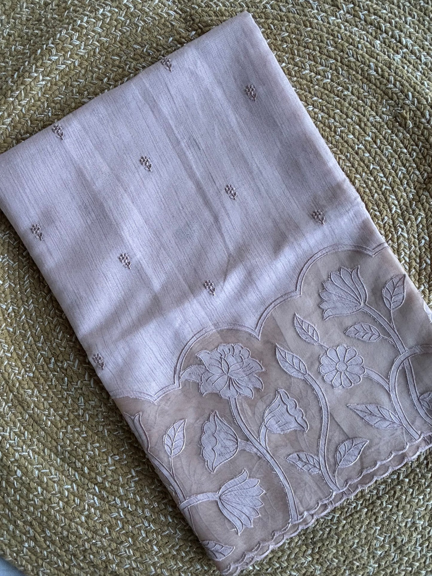 Pink Linen Saree with Organza Floral Cutwork Border & Pallu