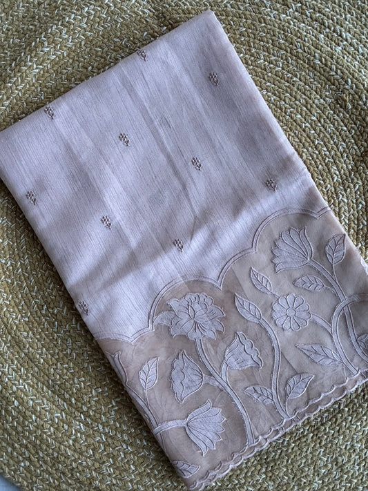 Pink Linen Saree with Organza Floral Cutwork Border & Pallu